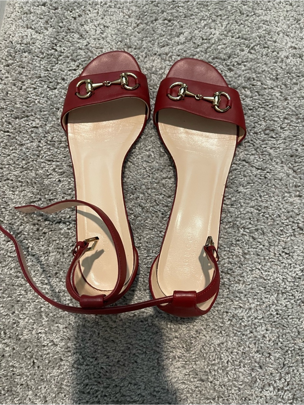 Authentic Gucci Red Leather Ankle-Strap Slide Sandals with Gold Horsebit